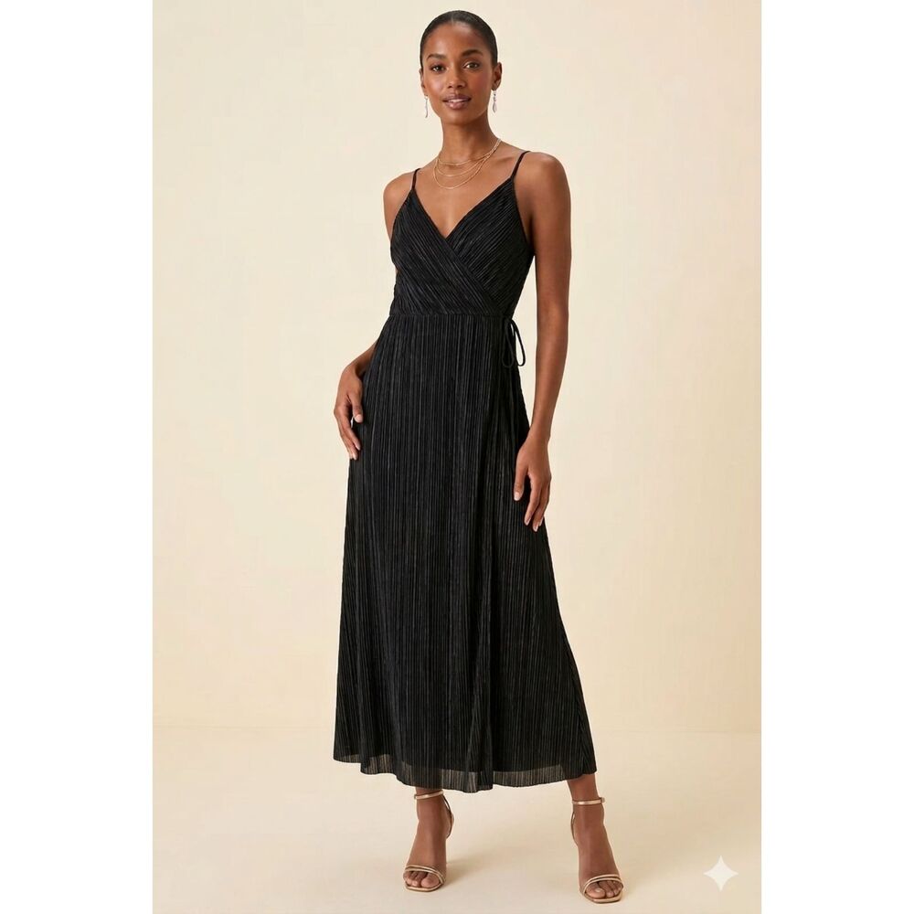 H&M Black Pleated Wrap Maxi Dress XL Ankle Length Sleeveless Wedding Party
